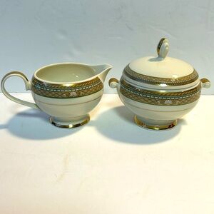 Mikasa L3209 Isle Taupe/Gold/BlueCream Sugar and Creamer EUC